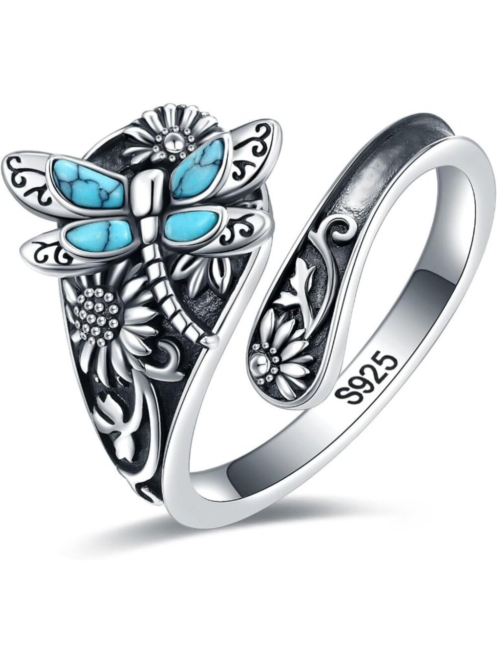 Vintage Boho Abalone Dragonfly Spoon Ring - S925 Sterling Silver Floral Wrap
